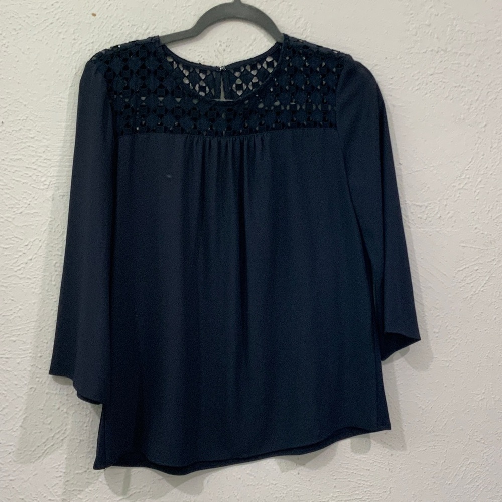Ann Taylor Factory Navy Blouse with Lace Detail